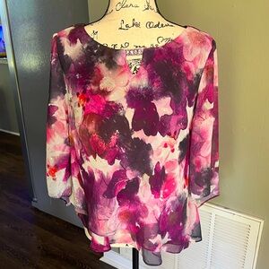 Alex Evenings Petite Purple and Pink Floral 3/4 Sleeve Blouse | Size Petite L
